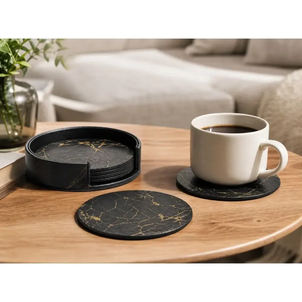Black Gold Marble Double Sided PU Leather Coasters with Matching Storage Holder